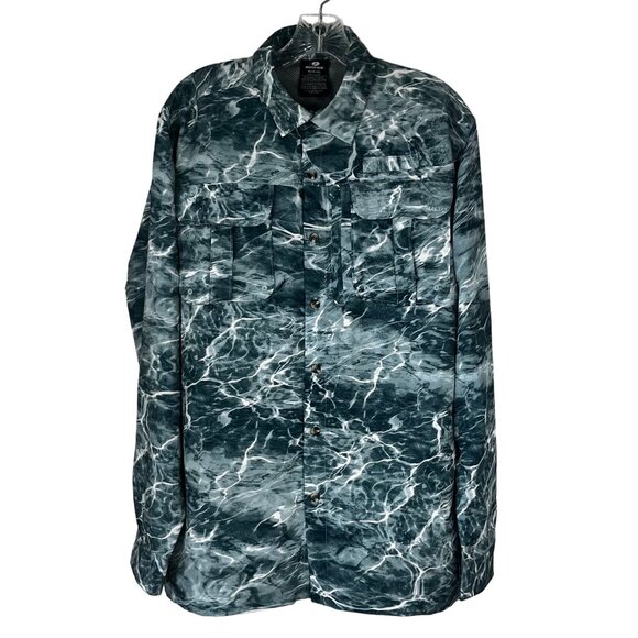 Mossy Oak Long Sleeve Button Up Fishing Shirt Mens Medium Water Print - Picture 2 of 11